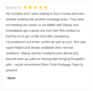 Screenshot Review for Stacey Sandlin Benas Veikalas Mortgage Broker Slam Dunk Mortgage Team Viera, Melbourne Florida