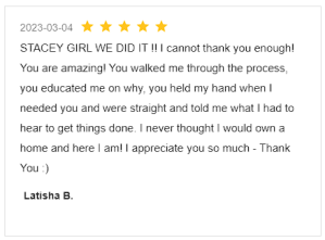 Screenshot Review for Stacey Sandlin Benas Veikalas Mortgage Broker Slam Dunk Mortgage Team Viera, Melbourne Florida