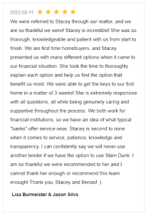 Screenshot Review for Stacey Sandlin Benas Veikalas Mortgage Broker Slam Dunk Mortgage Team Viera, Melbourne Florida