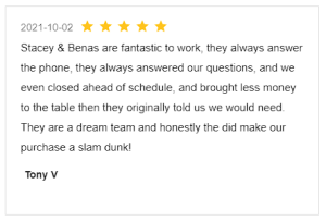 Screenshot Review for Stacey Sandlin Benas Veikalas Mortgage Broker Slam Dunk Mortgage Team Viera, Melbourne Florida